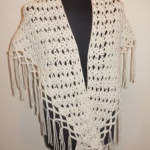 Crochet Shawl Long Fringe Scarf Triangle Handmade - Picture 7 of 7